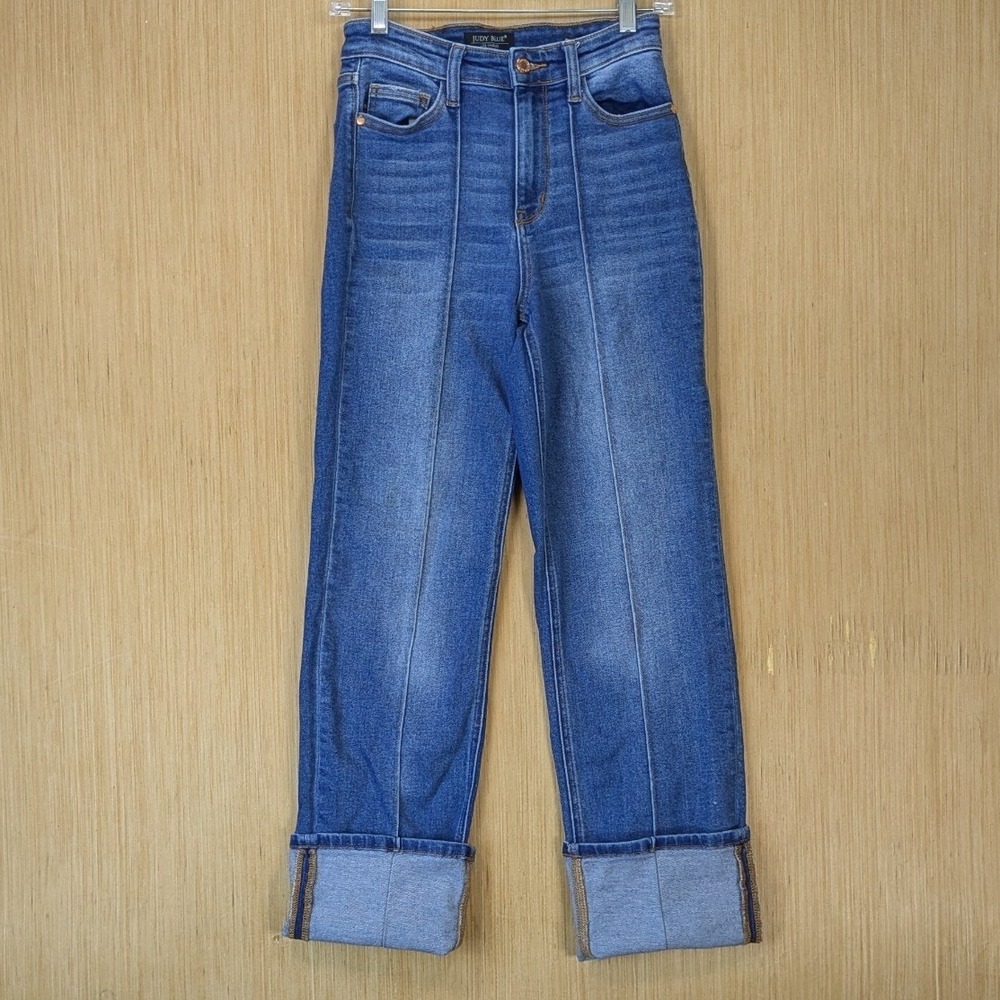 Judy Blue High Waist Straight Leg Seam Detail Cuffed Jeans Blue Size 3/26